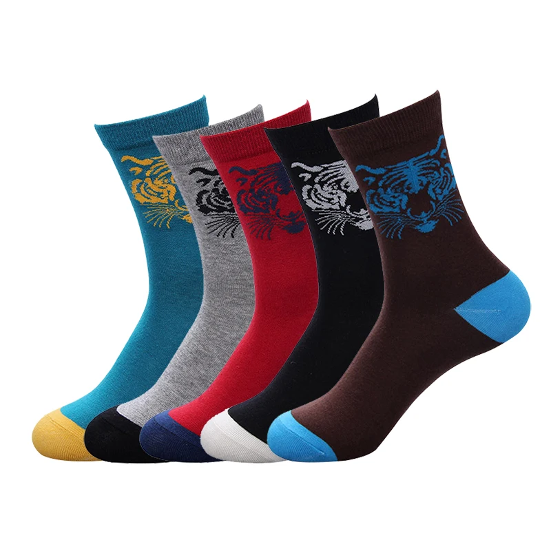 5 пар хлопковые мужские носки средней длины с принтом тигра модные креативные