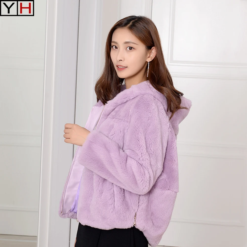 Осенне зимняя обувь леди с мехом кролика Куртки женские капюшоном короткая