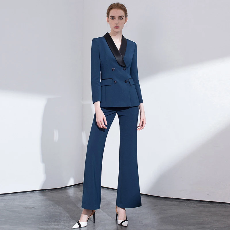 Женский брючный костюм двубортный пиджак с отложным воротником блейзер и брюки