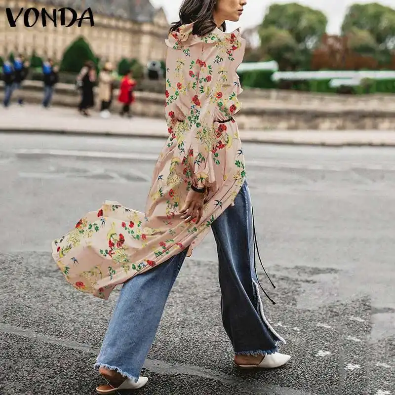 VONDA, новинка, женские блузки с цветочным принтом, сексуальные, v-образный вырез, длинный рукав, Длинные Топы, повседневные, свободные, размера плюс, рубашки с оборками, винтажные Топы