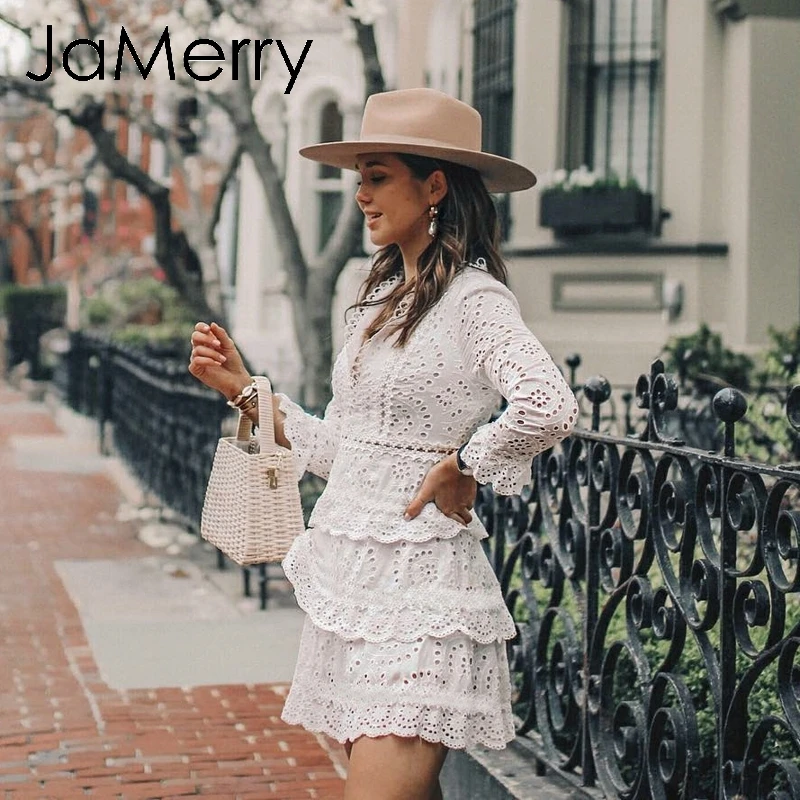 JaMerry, винтажное Кружевное белое платье с вышивкой и оборками, ТРАПЕЦИЕВИДНОЕ сексуальное платье с длинным рукавом, элегантное мини-платье для вечеринки