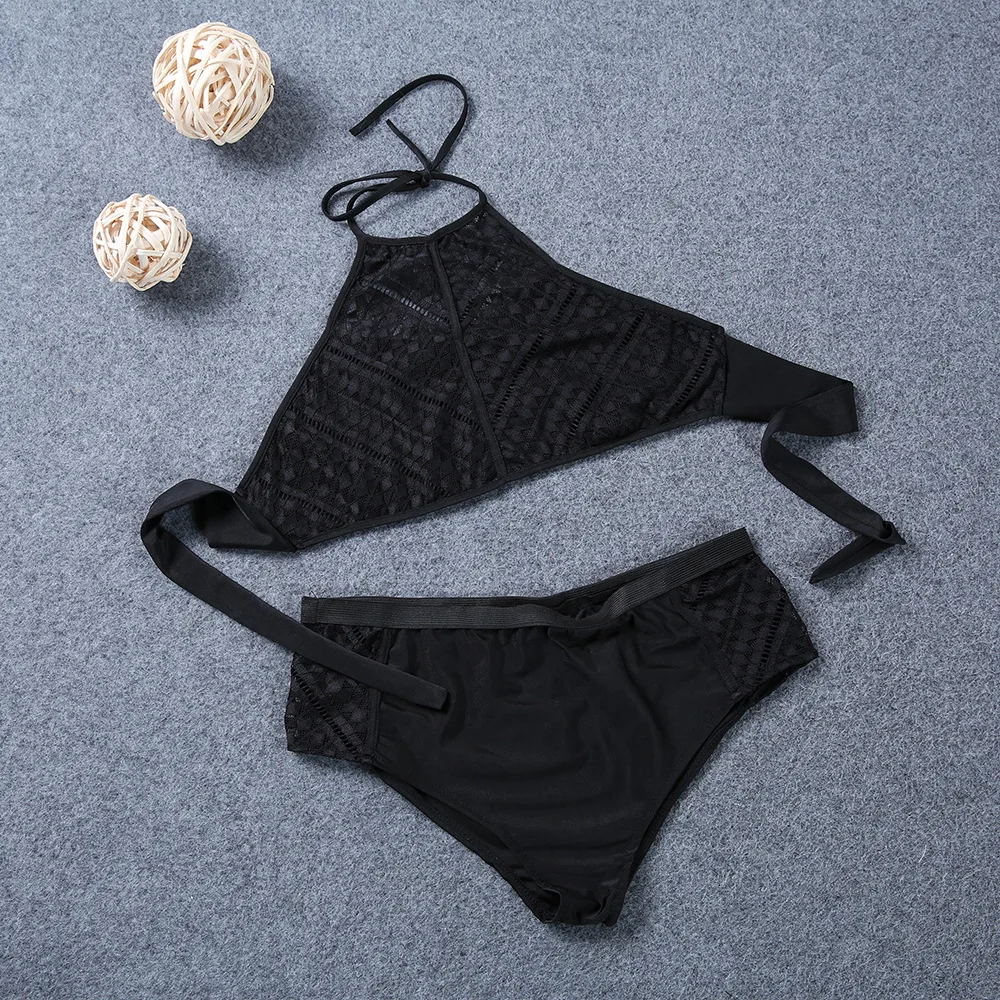 L-7XL Black Plus Size Bikini Set Halter Swimsuit 2 Piece Sexy Hollow Out Detail Beach Swimwear For Women Big Clothes Q3308 | Спорт и