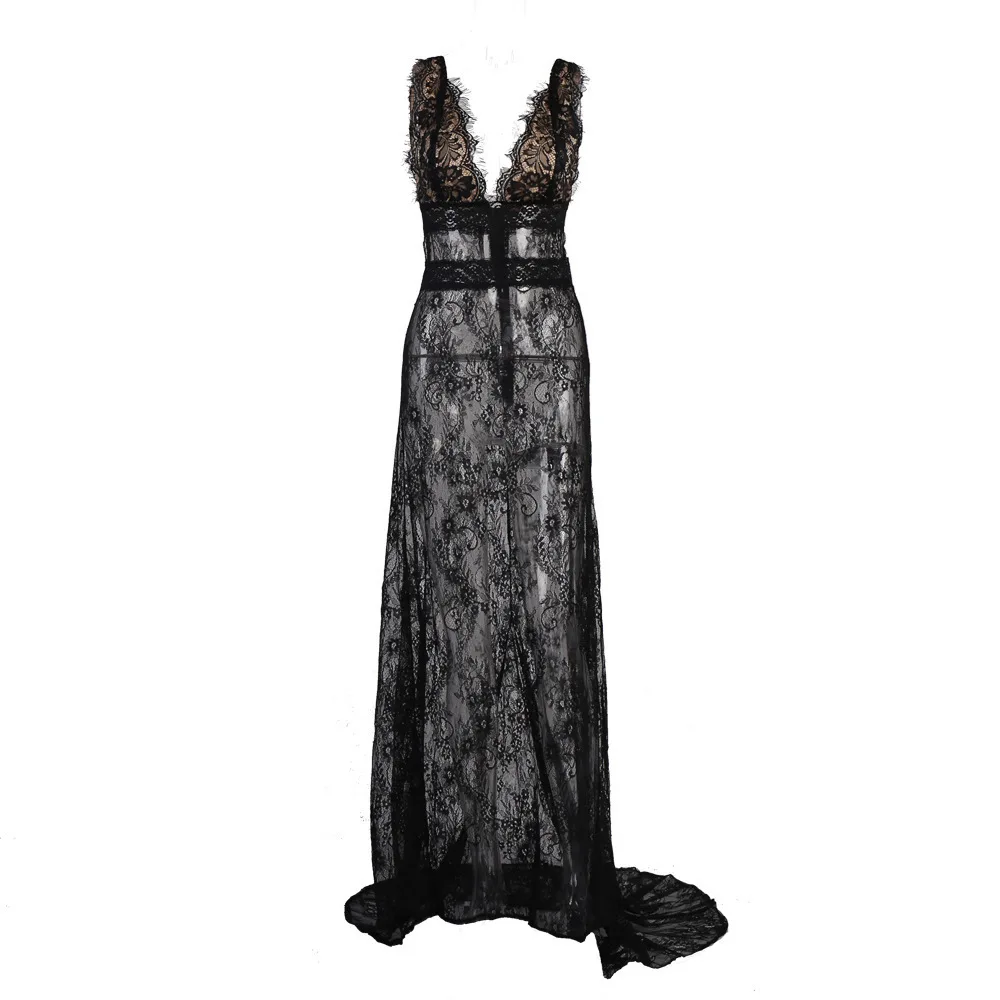 Черное Кружевное сексуальное прозрачное платье с открытой спиной vestidos robe femme