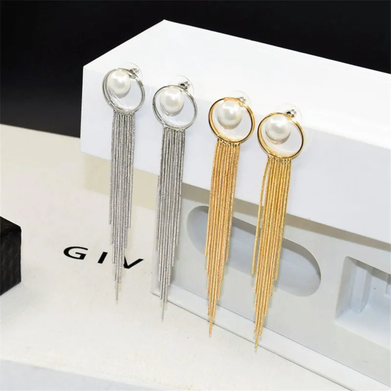 

Ajojewel Metal Tassel Long Earrings For Women Simulated Pearl Round Earrings Fashion Jewelry Wholesale