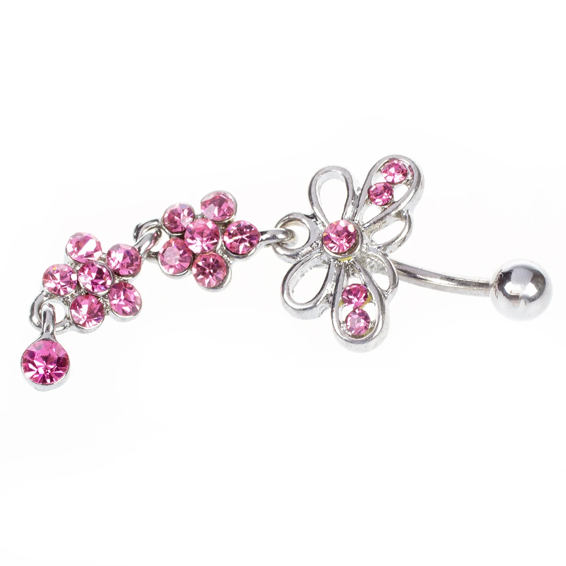 Pink Crystal Flower Dangle Navel Belly Ring Bar Piercing Jewelry |