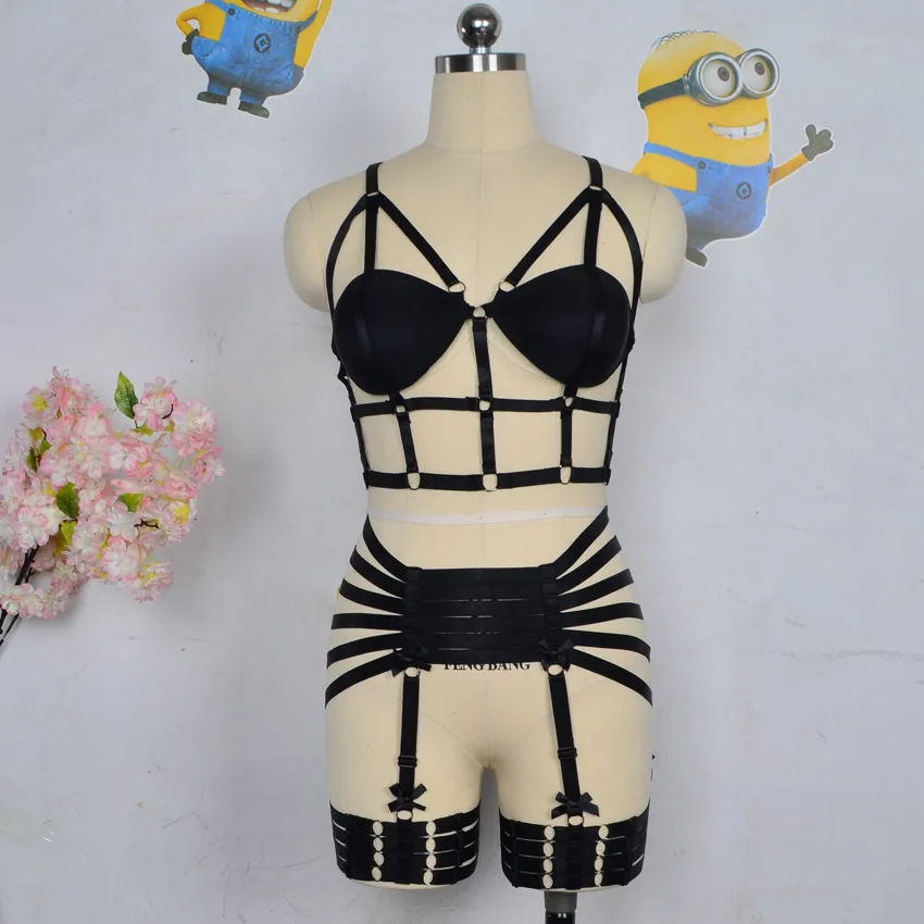 

women Harness cage bra sexy lingerie complex Garters Gothic Harajuku Cage Back belt body harness bra Leg garters
