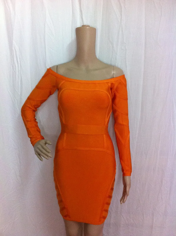 J177 'SKYE' ORANGE off shoulder ladies long sleeve bandage celebrity Dresses | Женская одежда