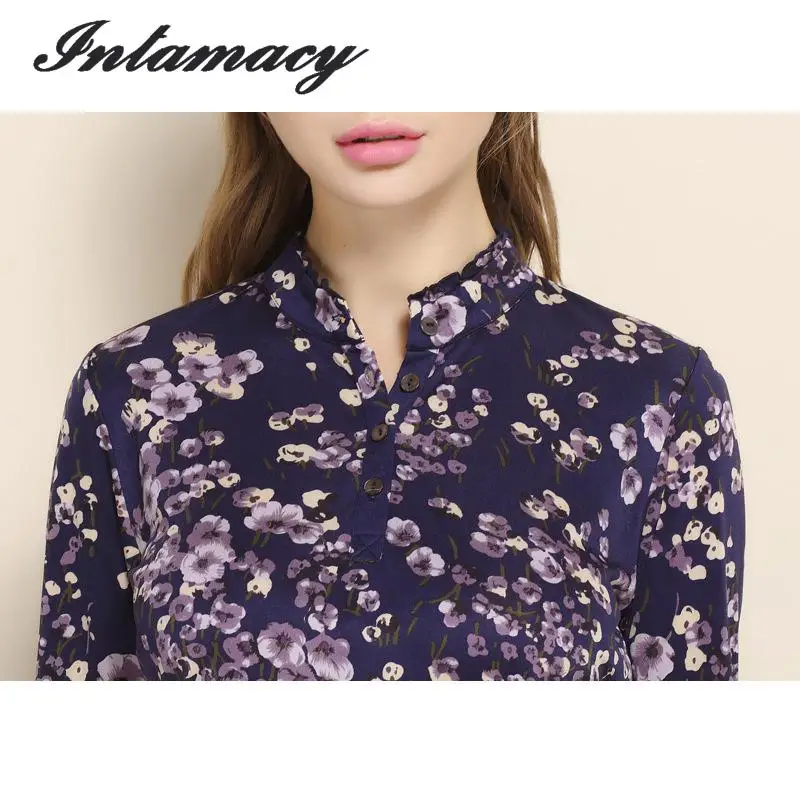 Женская шелковая блузка с длинными рукавами трикотажный воротник и принтом 100%