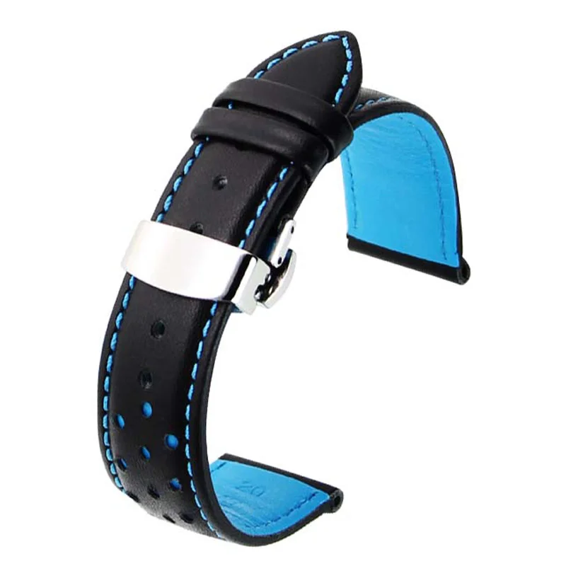 ZLIMSN Soft Genuine Leather Watch Band Strap Replacement Black Blue 20 22mm Men Watchbands 316L Stainless Steel Butterfly Buckle