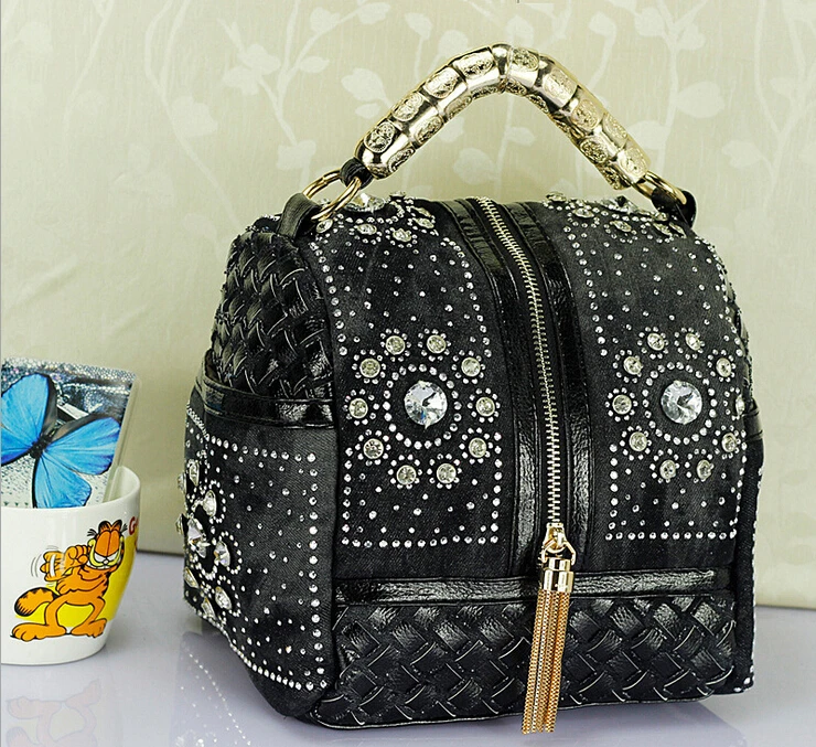 Spring and summer denim bag big diamond skull hand woven tassel handbag shoulder messenger | Багаж и сумки