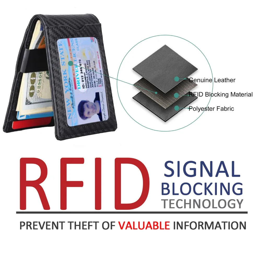 Тонкий кошелек из углеродного волокна с зажимом для денег RFID Блокировка