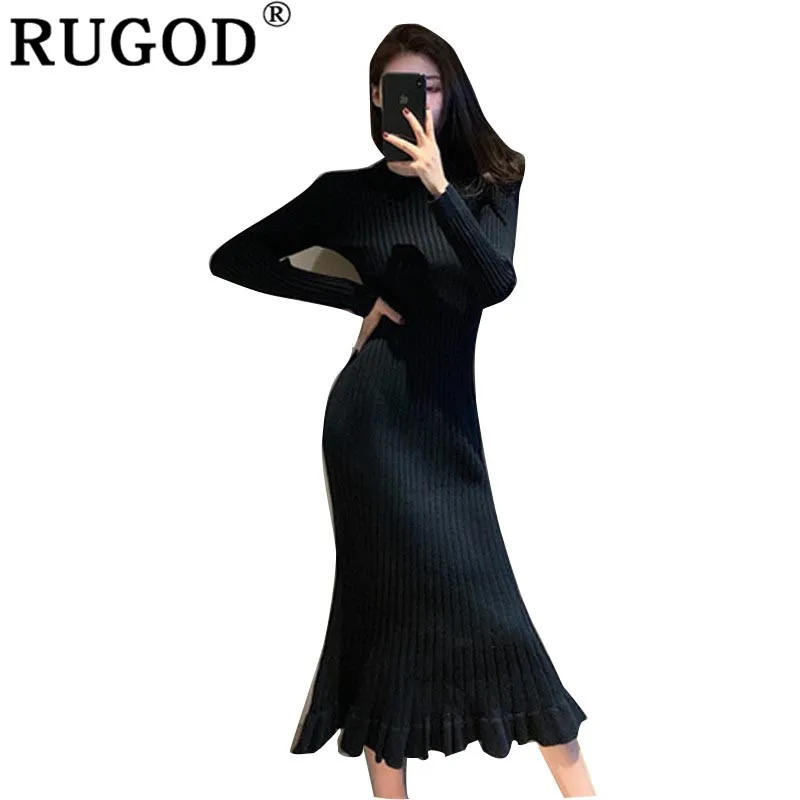 RUGOD Sexy Bodycon Women Dress Solid O-Neck Midi Casual Long Sleeve Trumpet Spring vestidos mujer 2018 | Женская одежда
