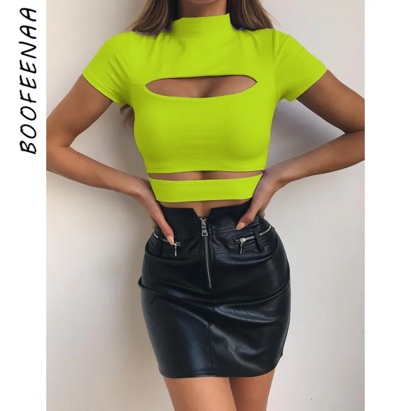 BOOFEENAA лето 2019 женская футболка неоновая желтая черная открытая высокая горловина