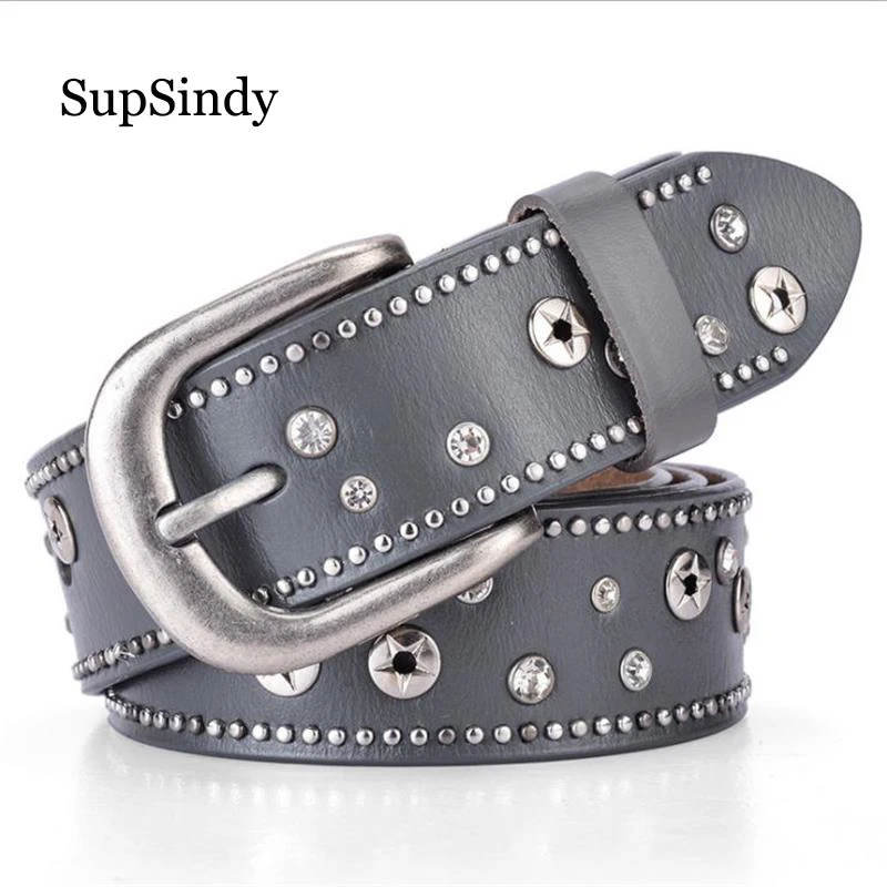 SupSindy hot women's genuine leather belt Punk Rhinestone rivets luxury brand designer belts for women high quality female belt