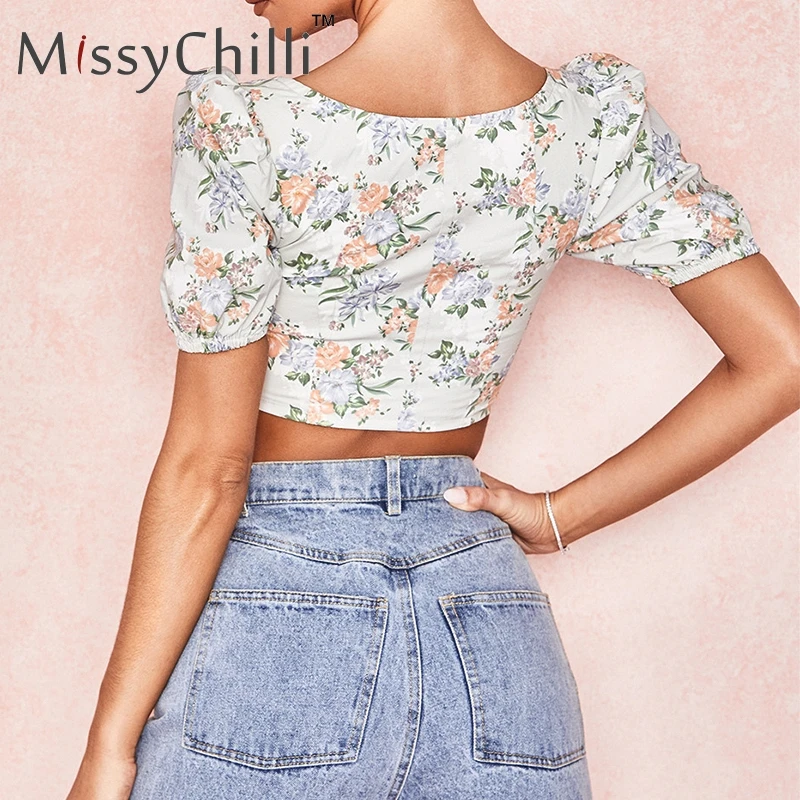 Сексуальная майка MissyChilli с пышными рукавами и цветочным рисунком женский белый