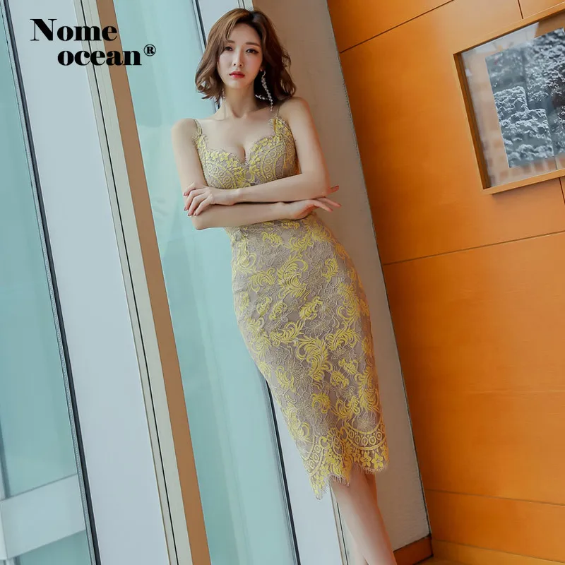 Sexy Embroidered Floral Lace Dresses Women Spaghetti Strap V-neck Bodycon Dresses Office Lady Lace Midi Dress M19071122