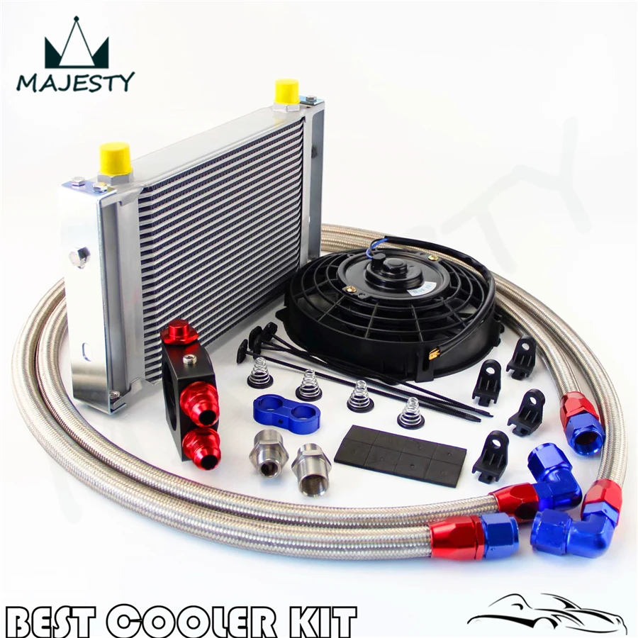 Universal AN10 25 Row Oil Cooler Thermostat Sandwich +7&quot Electric Fan kit |