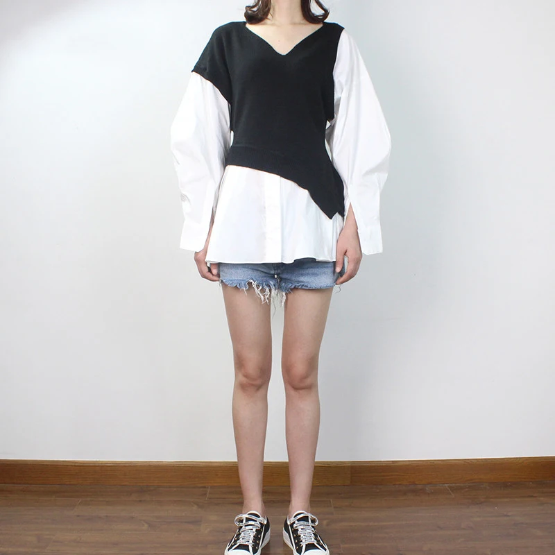 Женский трикотажный свитер с длинным рукавом черный и белый Асимметричный