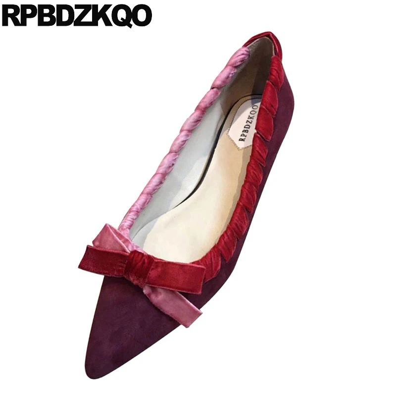 Red Wine Slip On Ladies Pointed Toe Chinese Women Flats Shoes With Little Cute Bowtie Footwear Suede Latest Designer 2021 Bow | Обувь