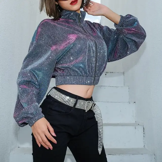 

Ladies Fashion Streetwear Glitter Powder Jacket Coat Women Loose Short Crop Tops Female Night Club Charming Jackets Stylish