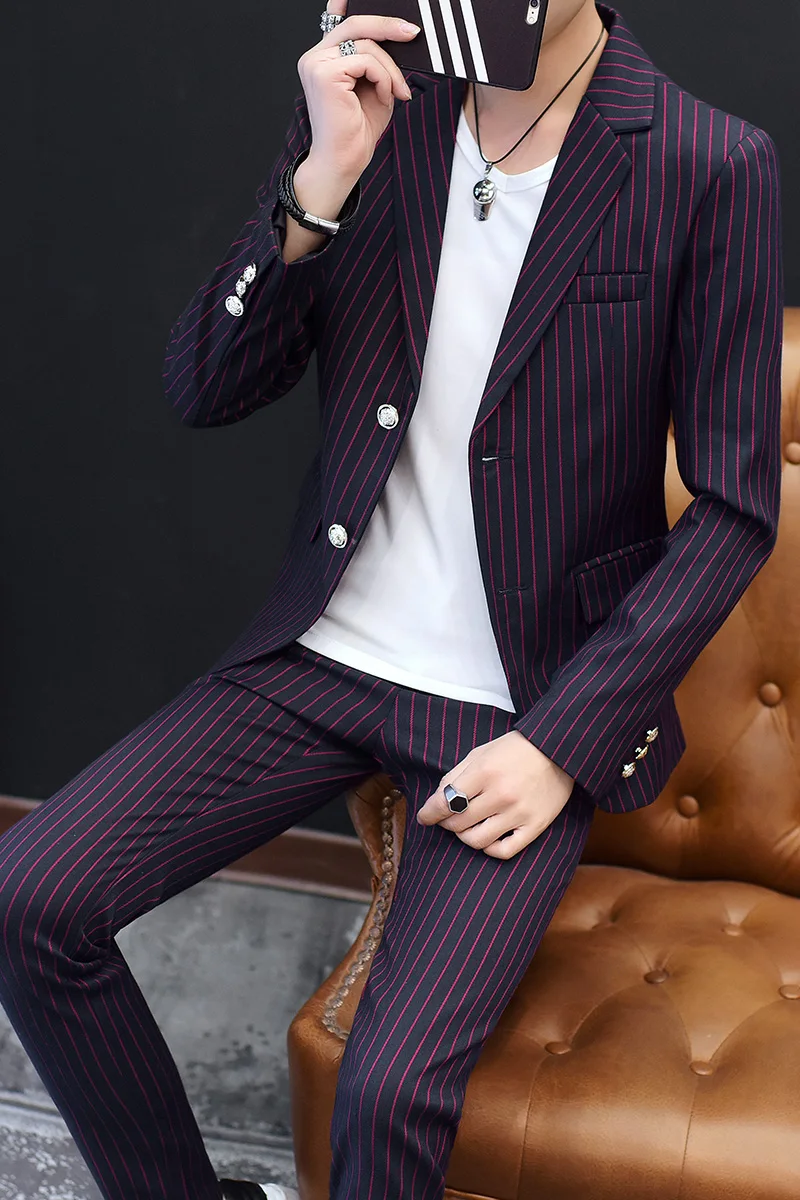 

Spring Summer Korean Style Men's Leisure Plaid Business Suits Slim Fit Men Business Striped Two-piece Set Double-breasted Suits