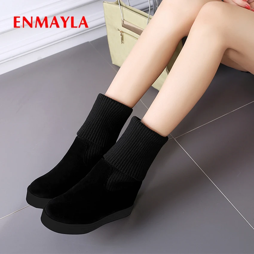 

ENMAYLA Microfiber + Wool Height Increasing Elastic Band Women Boots Round Toe Mid-Calf Solid Short Plush Fur Boots Winter Shoes
