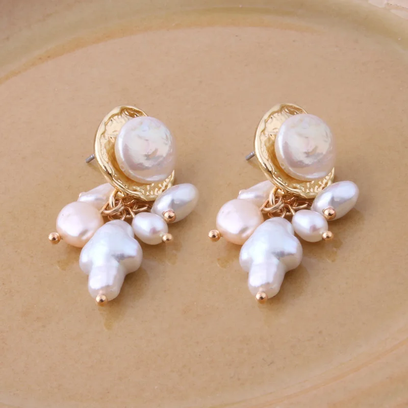22 NeeFuWoFu Orecchini NEW Geometric Genuine Pearl Drop Earrings for Women Handmade Gold Hollow Freshwater Pearl Pendant Dangle Ear - Окраска металла: 22