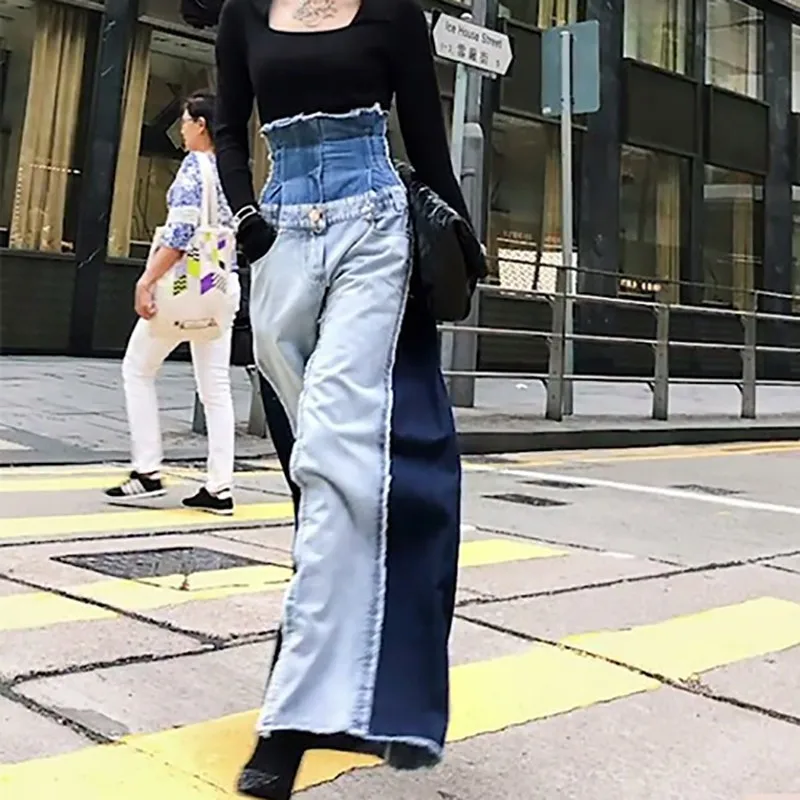 TWOTWINSTYLE Casual Denim Patchwork Women Trousers High Waist Hit Color Big Size Wide Leg Pants Female Fashion Spring 2020 New