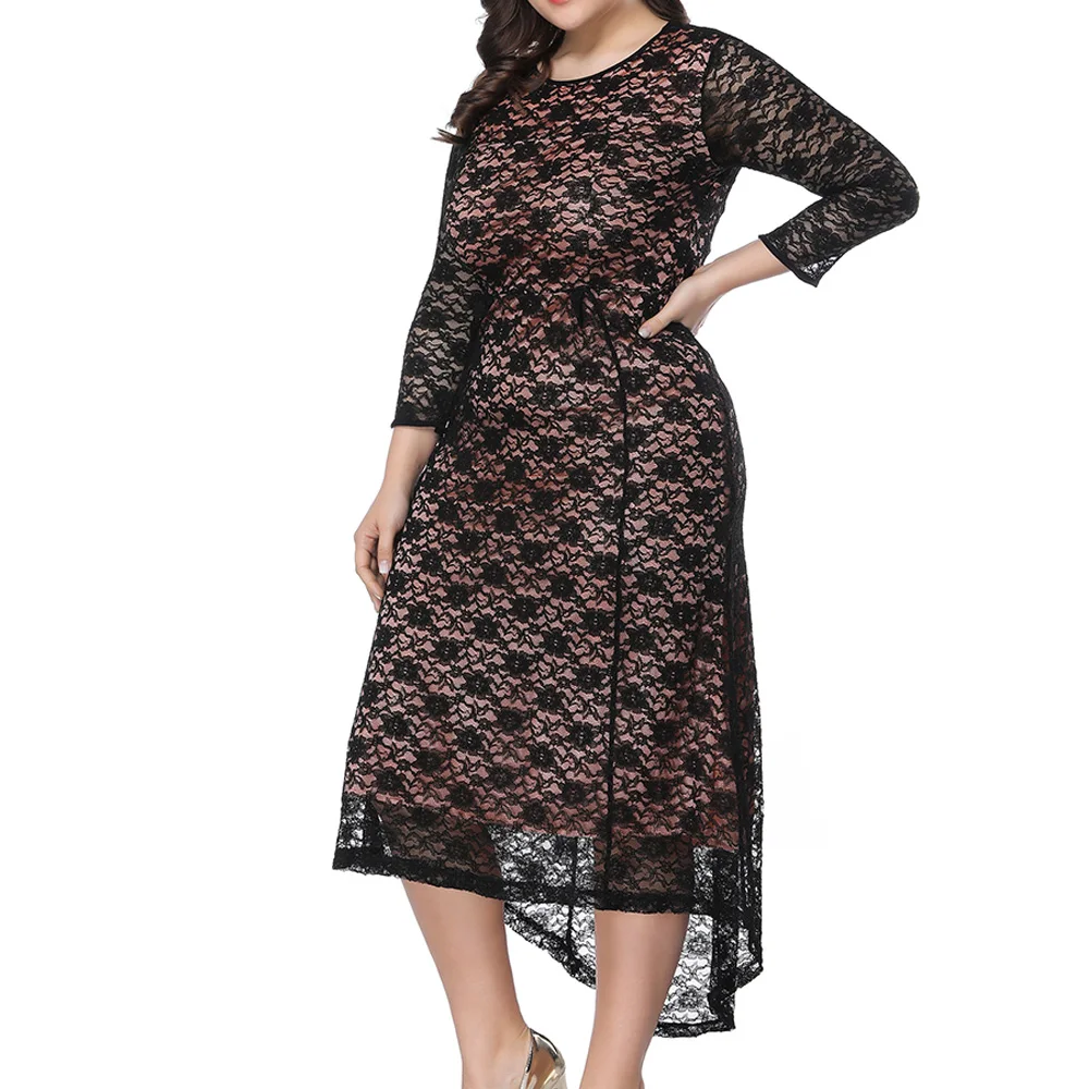 Women Black Plus Size Summer Lace Dress 2019 Elegant Hollow Out Big Formal Sexy Midi Large Party Dresses Vestido |