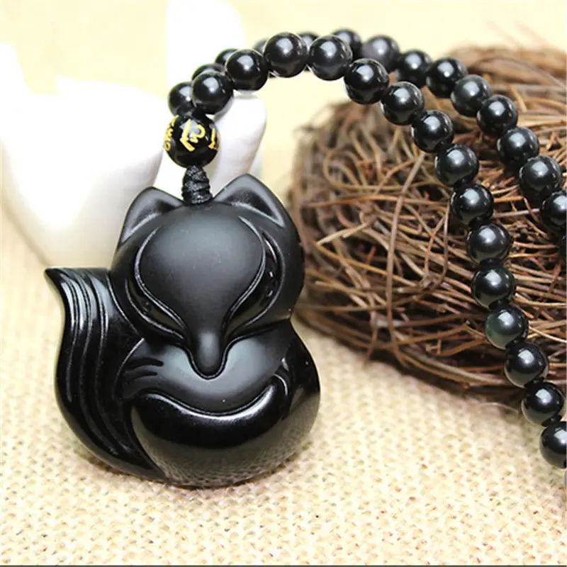 100% Natural Black Obsidian Hand Carved Big Cute Fox Lucky Pendant + Necklace | Украшения и аксессуары