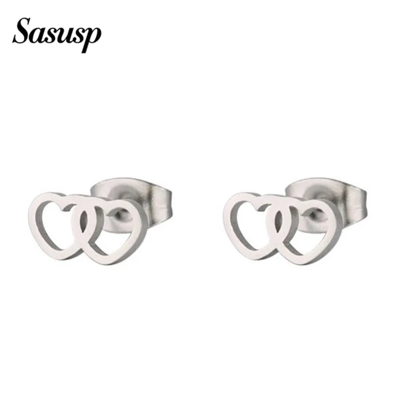 Sasusp серьги-гвоздики с двойным сердцем для женщин геометрические серьги надписью