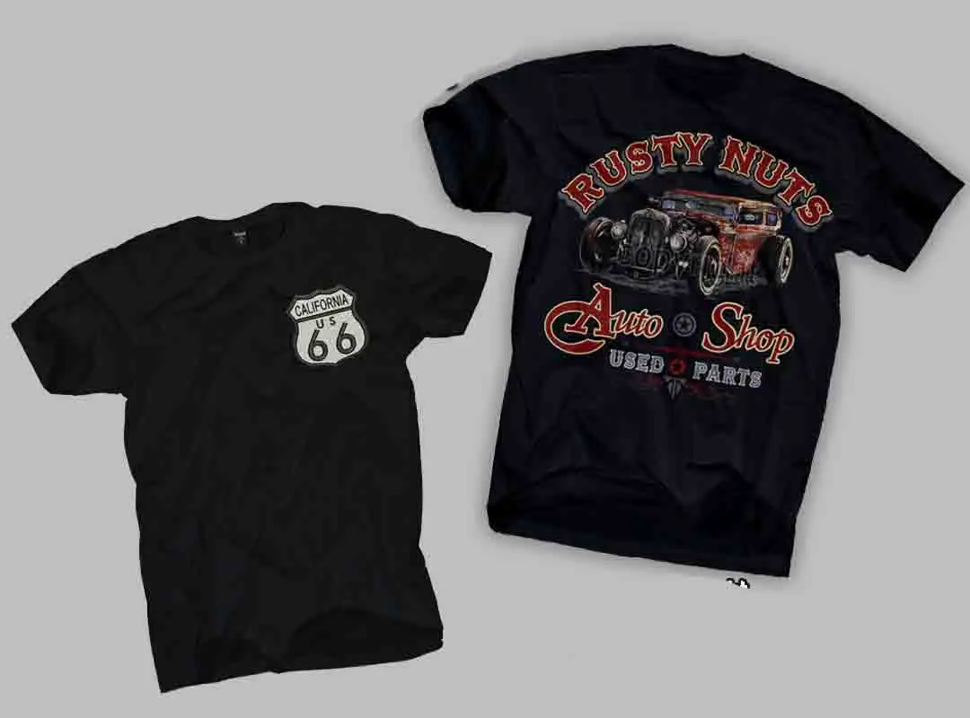 

T Shirt Men Summer Style T Shirt Rusty Nuts T-Shirt Route 66 Pin Up Old Skool Classic 50Er Hot Rod Car Fanscool Tee Shirts