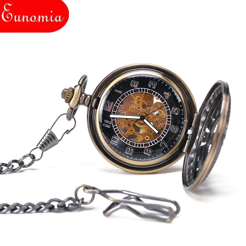 Poke Card Bronze Pirate Skull Round Mechanical Pocket Watch Automatic Self - Wind Vintage Antique Men Military | Наручные часы