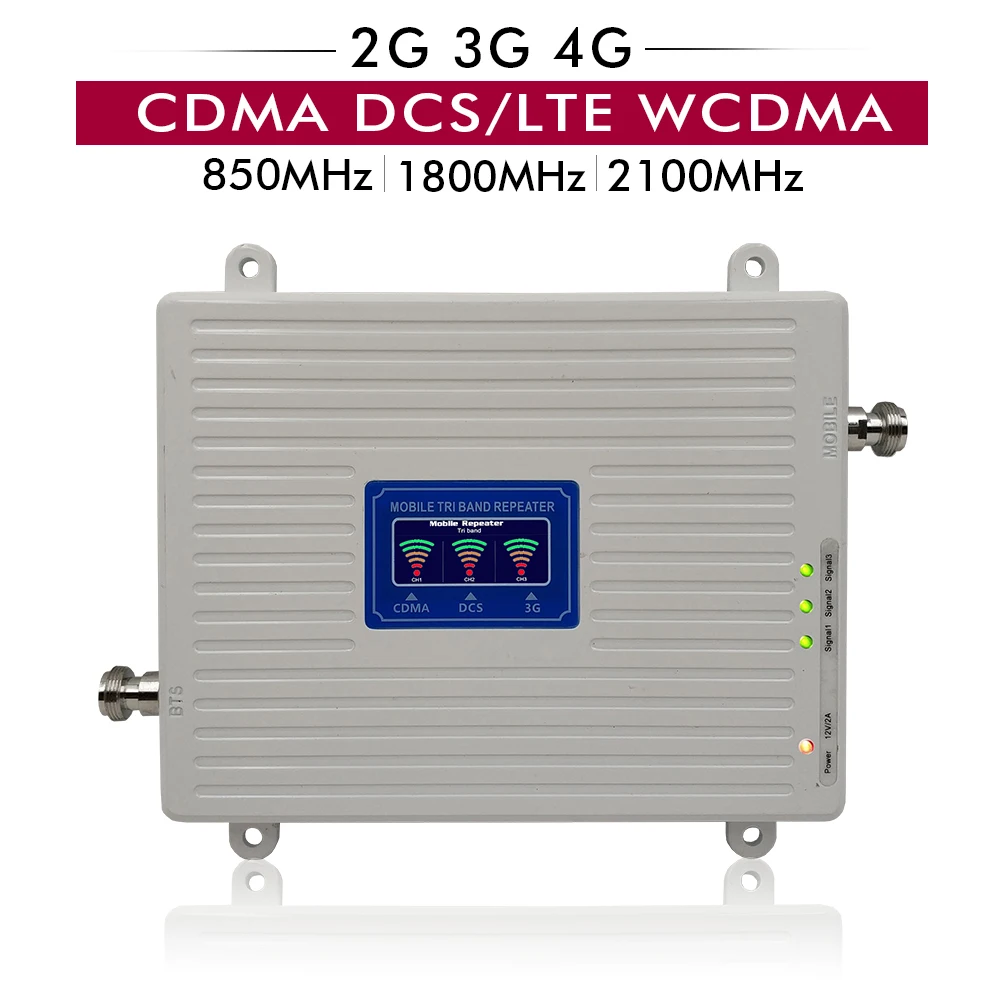 65 дБ усиление 20dBm ЖК-дисплей 2G 3G 4G трехдиапазонный усилитель CDMA 850 + DCS/LTE 1800 UMTS WCDMA 2100