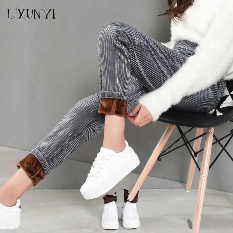 LXUNYI/осенне зимние Утепленные вельветовые брюки женские повседневные узкие с