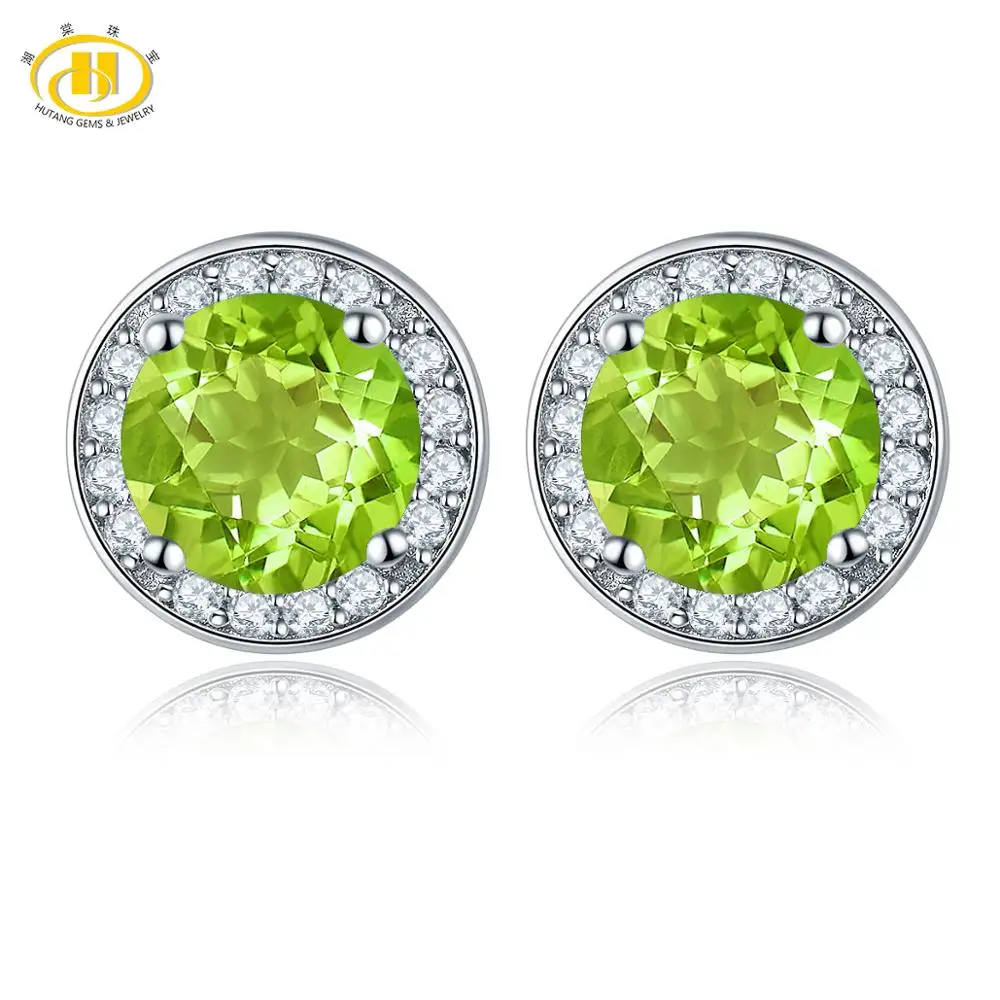 

Hutang Round Earrings Made With 1.88ct Natural Gemstone Peridot Solid 925 Sterling Silver Crystal Fine Jewelry For Women's Gift