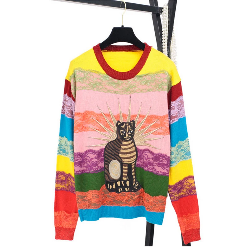 Runway Cat Embroidery Knitted Sweater 2018 Autumn Winter Women Long Sleeve O-Neck Oversized Pullovers Jumper Tops Pull Femme | Женская