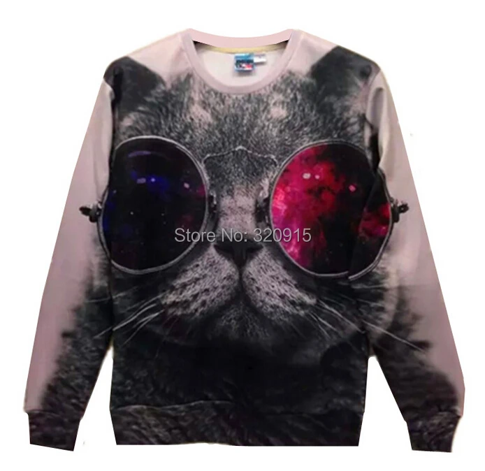 New Fashion 2014 Women/Men Red and blue glasses cat Pullovers Funny 3d sweatshirts animal galaxy sweaters Hoodies top | Женская одежда