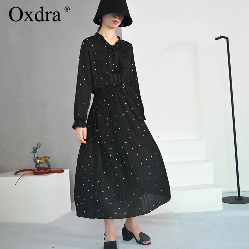 Oxdra 2019 Весна Лето Горячие Классические платья со шнуровкой в горошек длинный