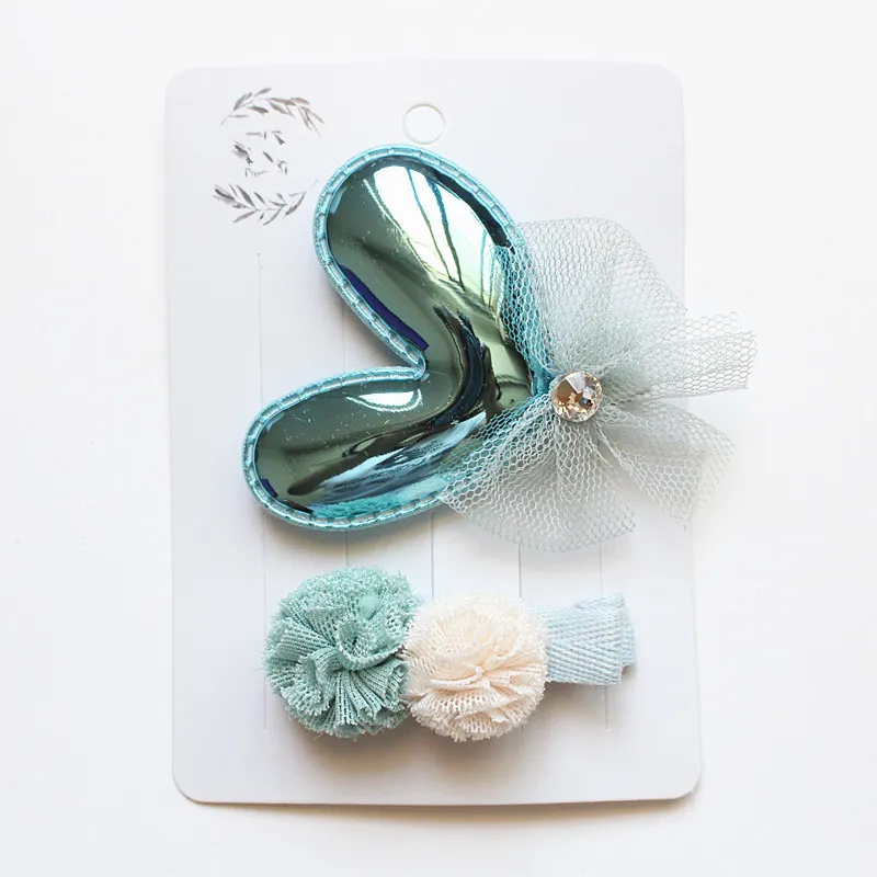 8sets/lot Lovely Hair Shinning Heart Clip Cute Kid Gauze Roll Double Pom Hairpin PU Leather 16pcs for Head |