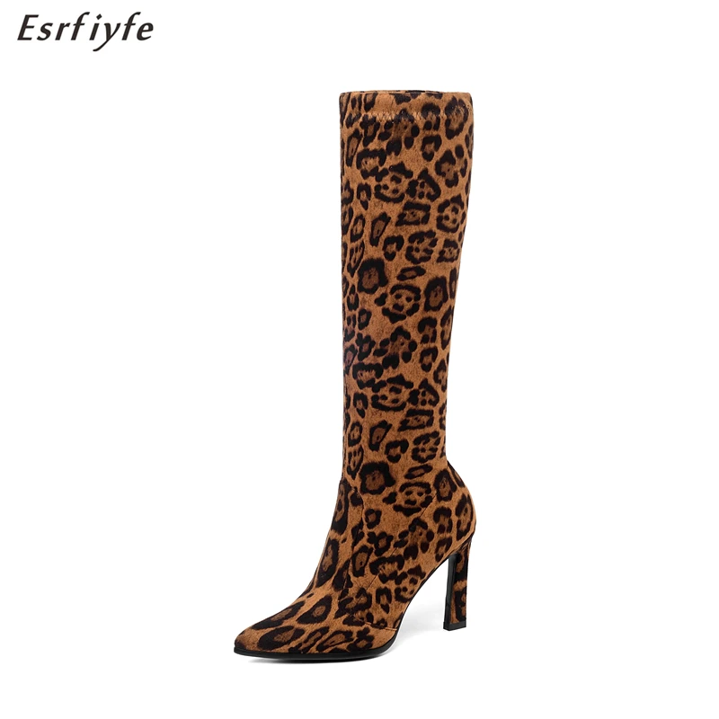ESRFIYFE 2020 New Autumn Winter Sexy High Heels Fashion Boots for Woman Knee-high Stretch Leopard Stilettos | Обувь
