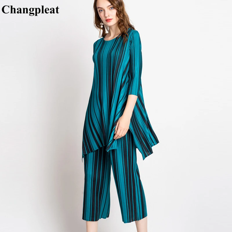 Changpleat 2018 Осенние новые женские комплекты в полоску Miyak плиссированные