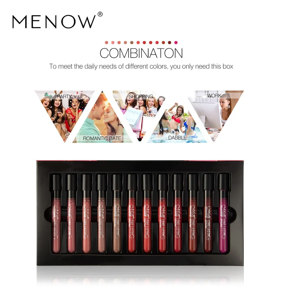 Набор блеска для губ MENOW 12 шт. бархатная жидкая помада профессиональный макияж