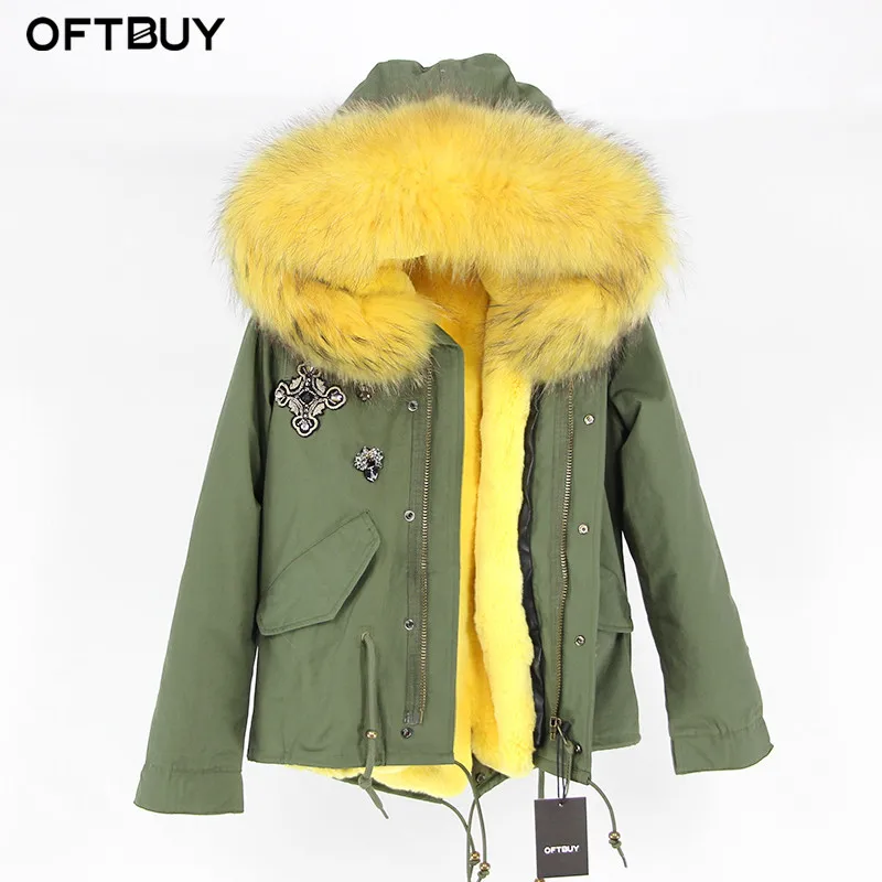 OFTBUY парка с вышивкой бриллиантами цвета хаки, зеленая зимняя куртка, пальто, женские парки, пальто с натуральным мехом енота, воротник теплый - Цвет: 4