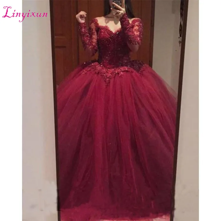 Роскошное бальное платье платья для Quinceanera цвет Бургунди с открытыми плечами