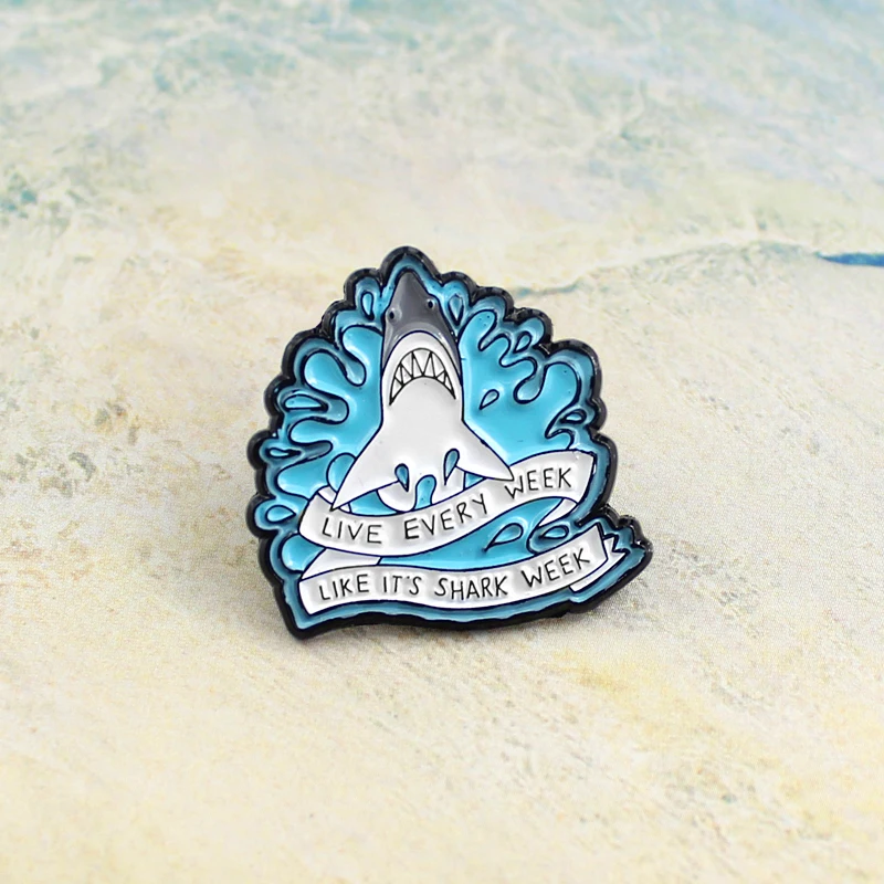 Huge Wave Shark Brooch LIVE EVERY WEEK LIKE IT'S SHARK Ribbon Marine Bio Enamel Pin Backpack Coat Badge Friends Kids Gifts | Украшения