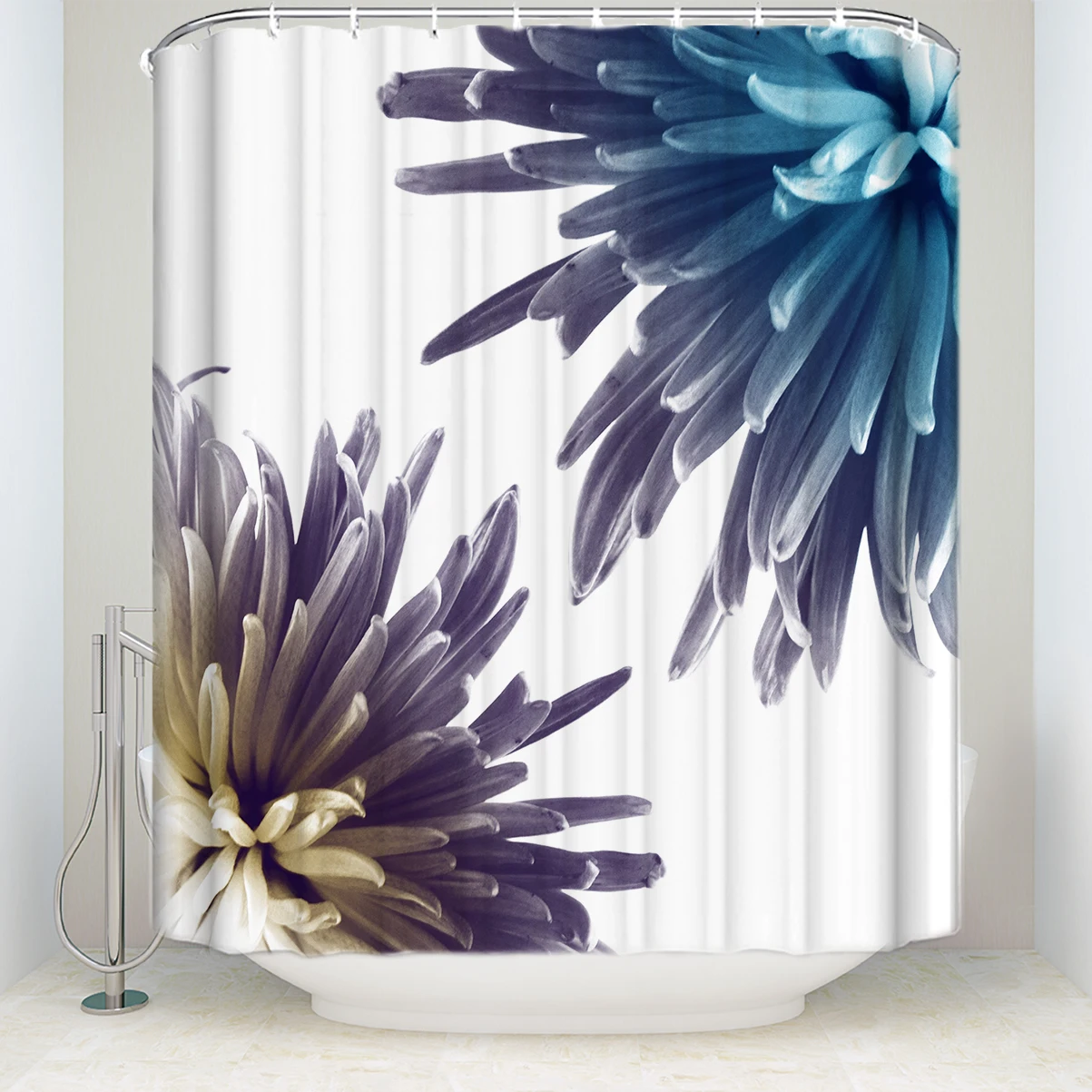 

New Waterproof Flower Chrysanthemum Printed Shower Curtain Polyester Fabric Art Floral Bathroom Curtains for Home Decorations