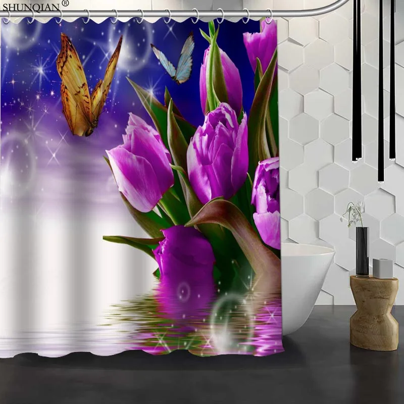 

New Tulip Flower Custom Shower Curtain Waterproof Fabric Bath Curtain Polyester Fabric Bathroom Curtain 18-4.11