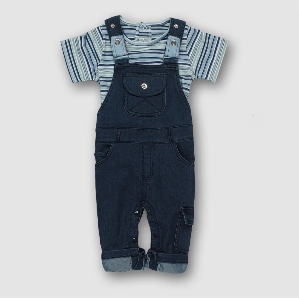 2pcs Denim Baby Clothing Set New Born Kids Overalls Boys Short Sleeve Striped Tops and Suspender Trousers Pant |