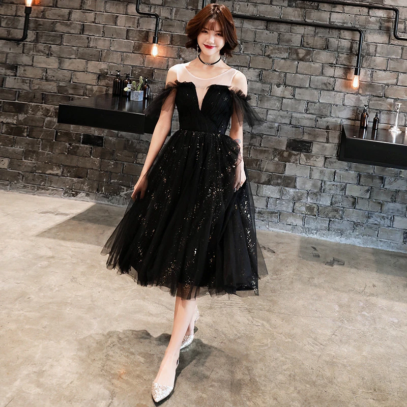 Новинка, модные коктейльные платья, элегантные вечерние платья с блестками, торжественное платье, королевское кружевное ТРАПЕЦИЕВИДНОЕ ПЛАТЬЕ до колен, черное бальное платье для выпускного вечера E319